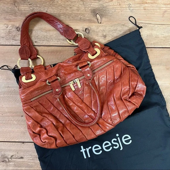 Treesje Dual Strap Tobacco Brown Leather Satchel Handbag - Picture 1 of 16